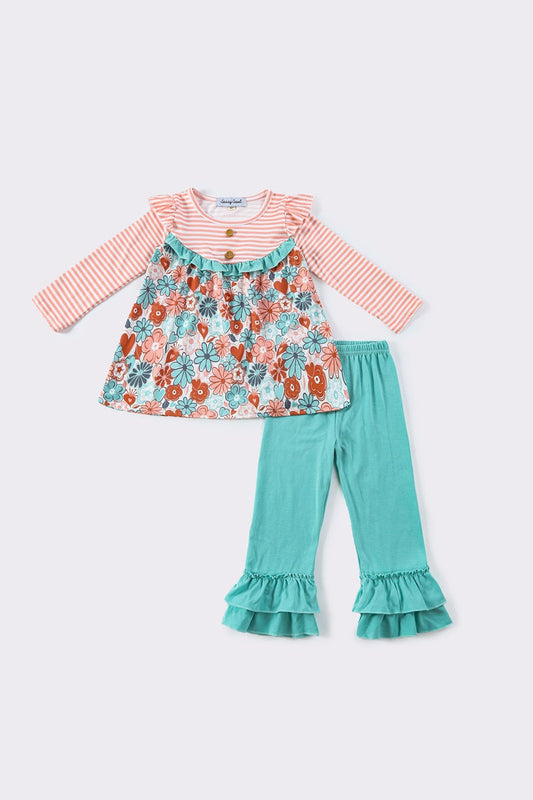 Pink stripe floral ruffle girl set