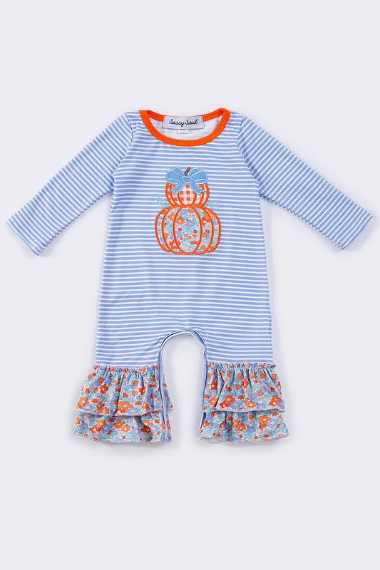 Blue stripe pumpkin applique girl romper