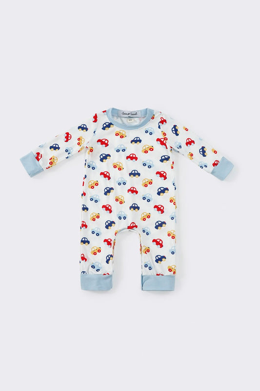 Blue car boy romper