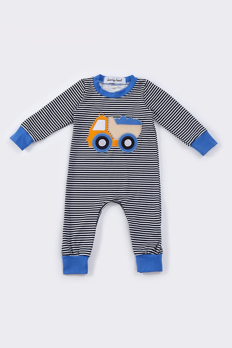 Blue truck applique stripe boy romper