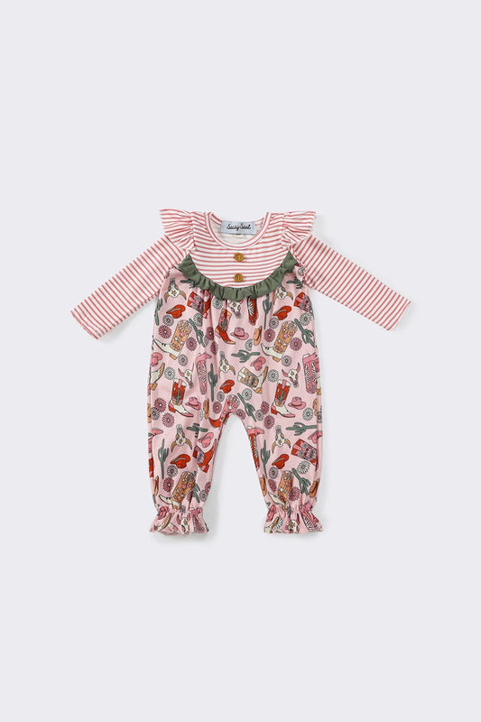 Pink western stripe girl romper