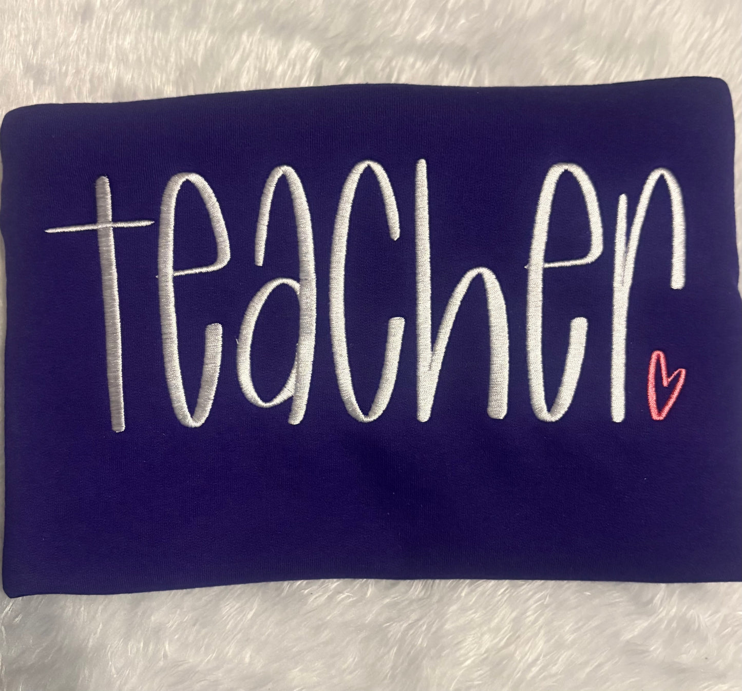 Purple embroidered Teacher Sweatshirt with a pink heart