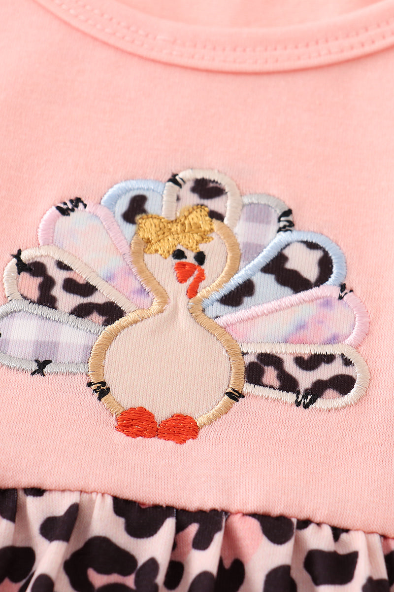 Pink leopard turkey applique girl dress