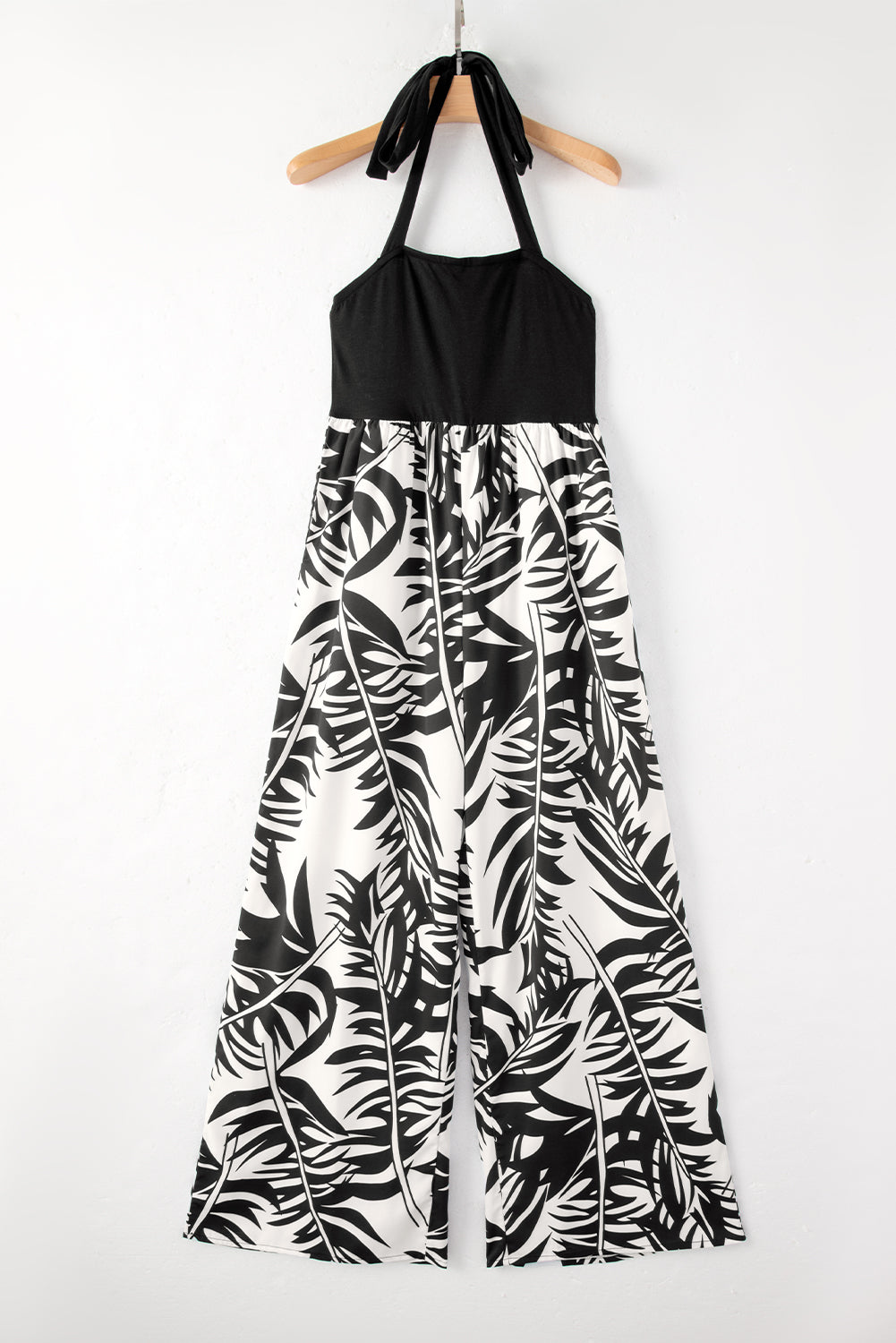 Black Halter Tropical Plant Print Wide Leg Jumpsuit