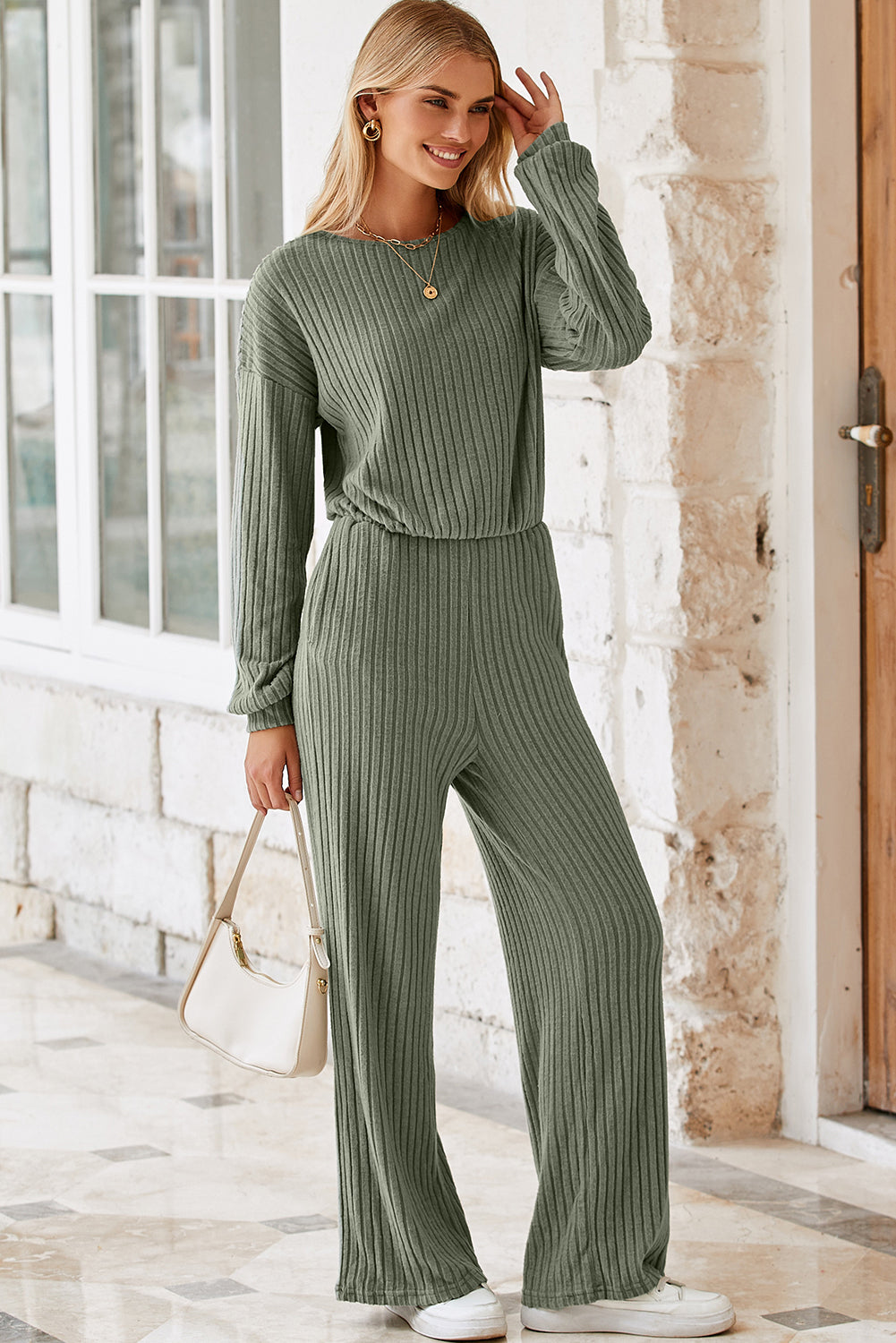 Laurel Green Solid Ribbed Knit Keyhole Back High Waist Jumpsuit