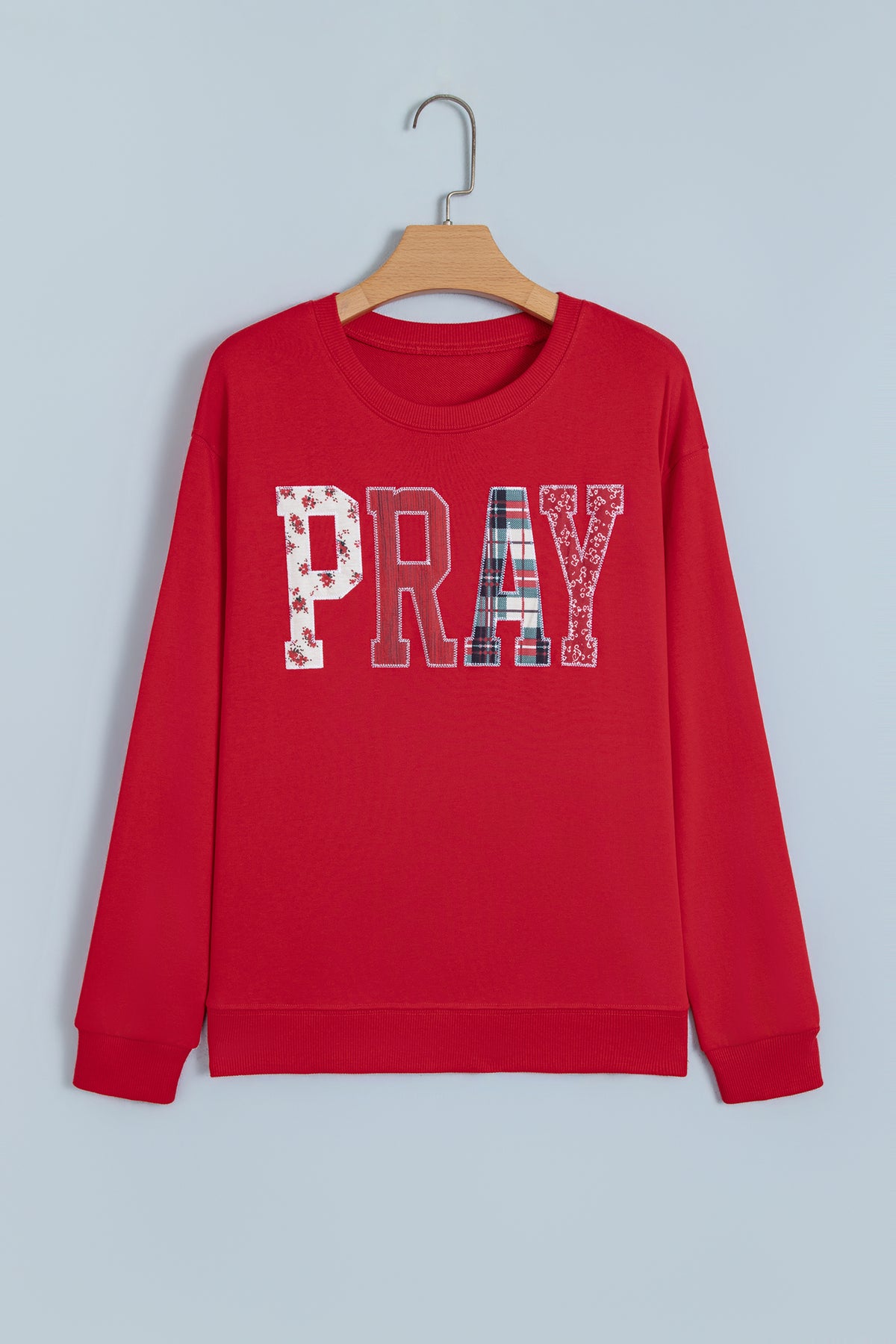 Racing Red Floral Buffalo Plaid Striped Embroidered Patch Western Pullover Sweatshirt