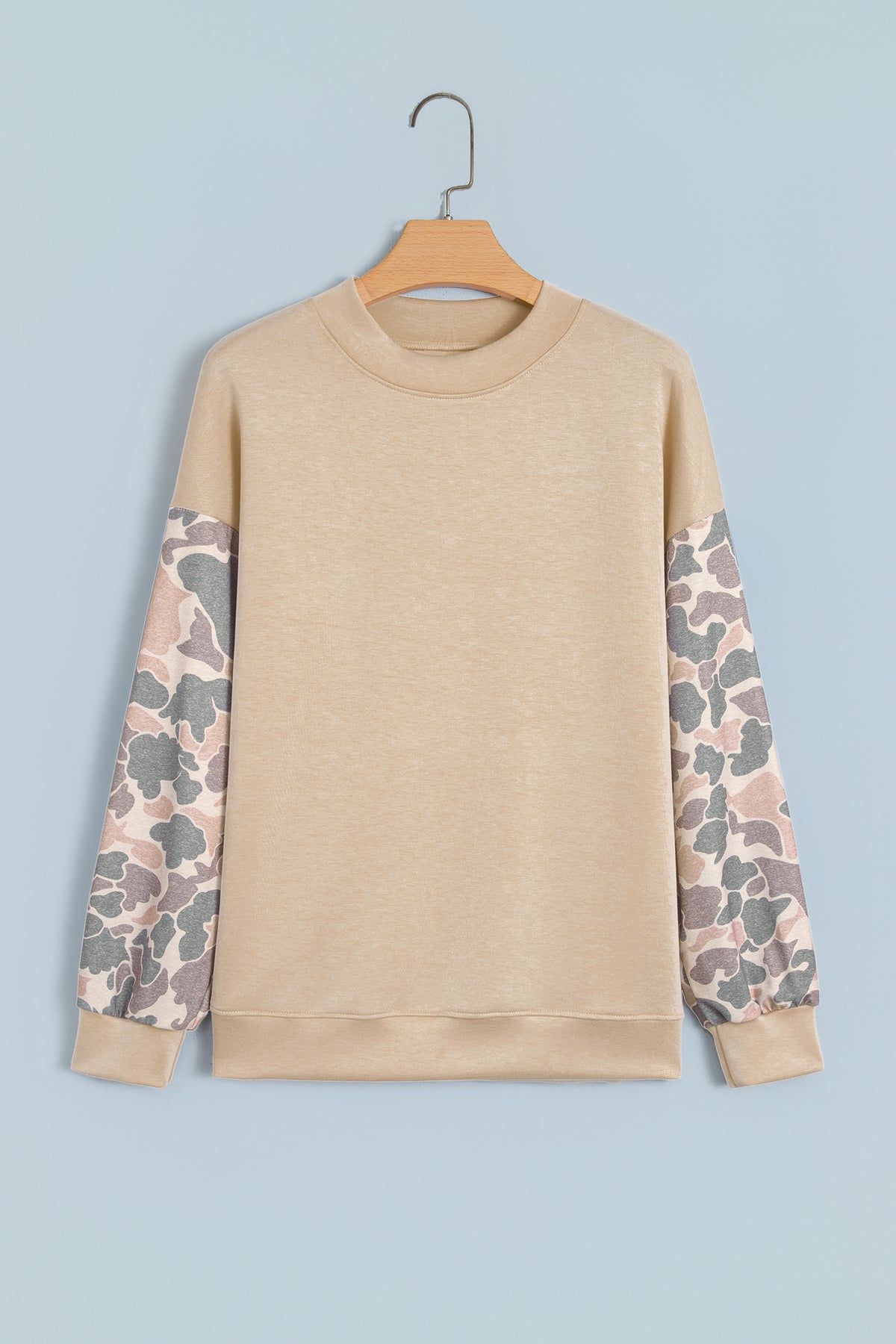 Beige Camouflage Sleeve Crewneck Baggy Pullover Sweatshirt