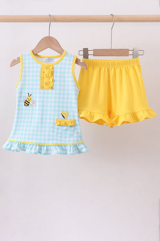 Blue gingham butterfly & bee pocket ruffle shorts set