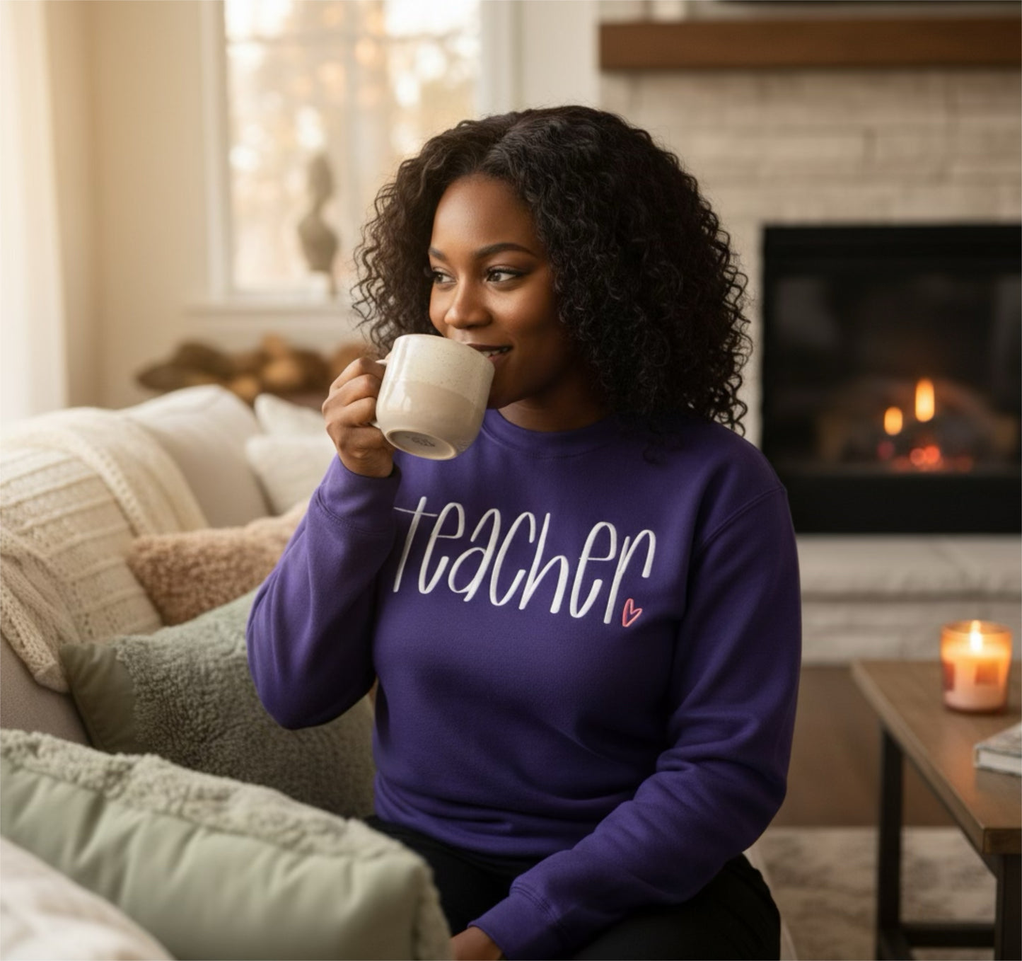 Purple embroidered Teacher Sweatshirt with a pink heart