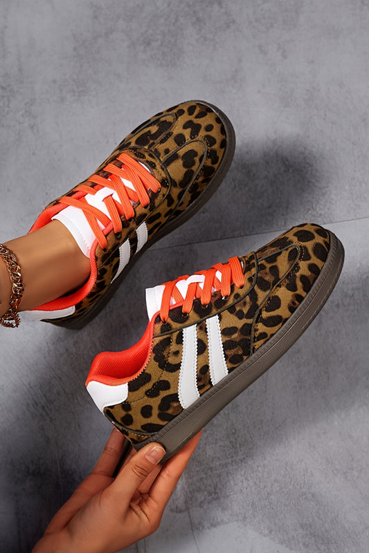 Coffee Leopard Faux Suede Color Block Detail Lace Up Sneakers