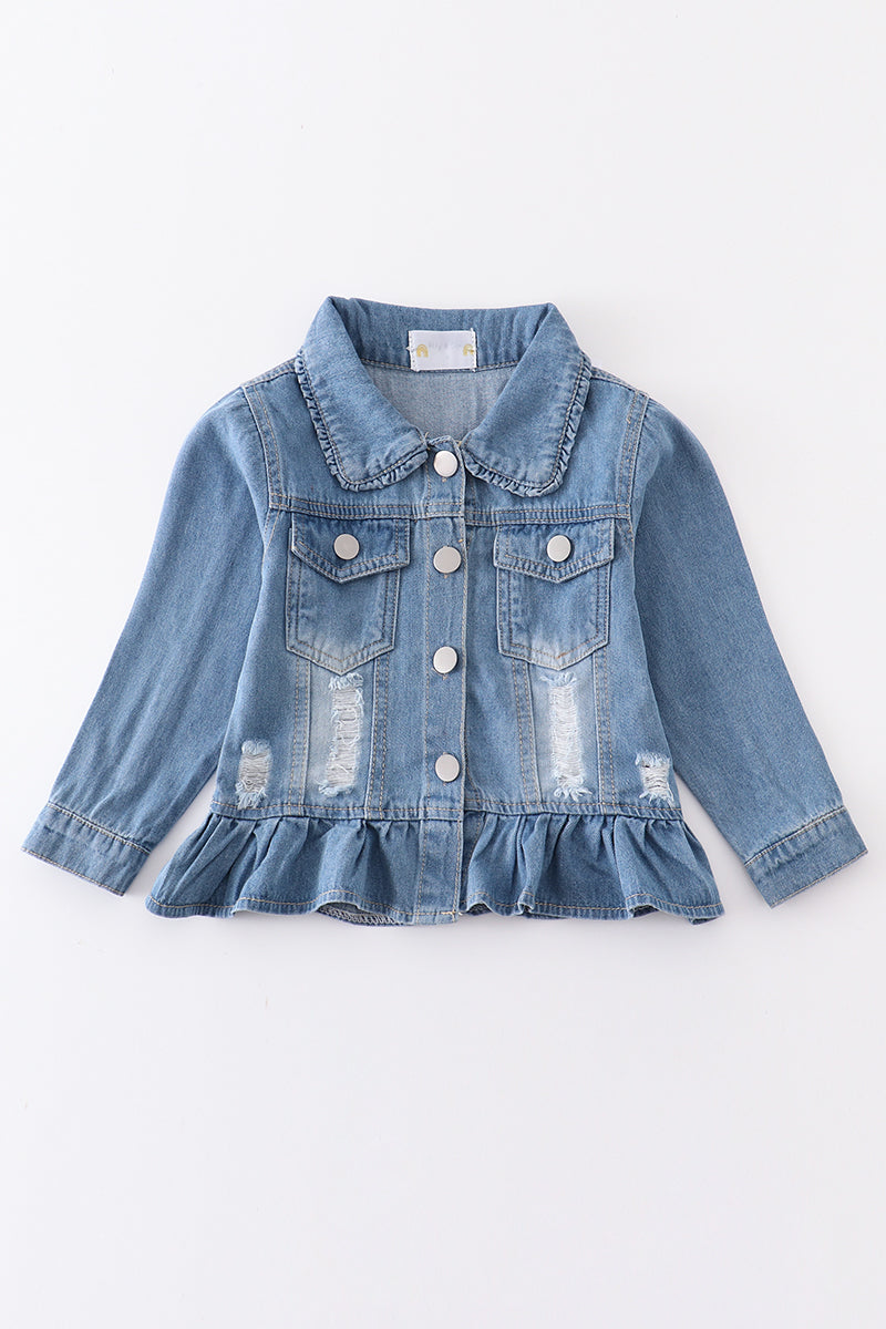 Light blue distressed ruffle girl denim jacket