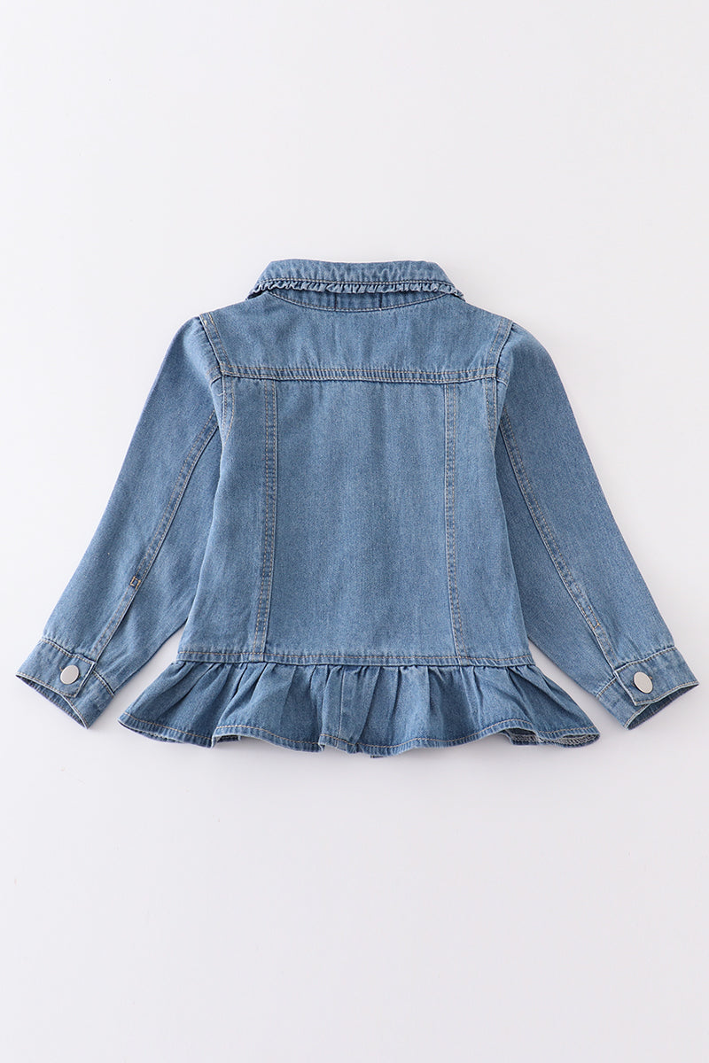 Light blue distressed ruffle girl denim jacket