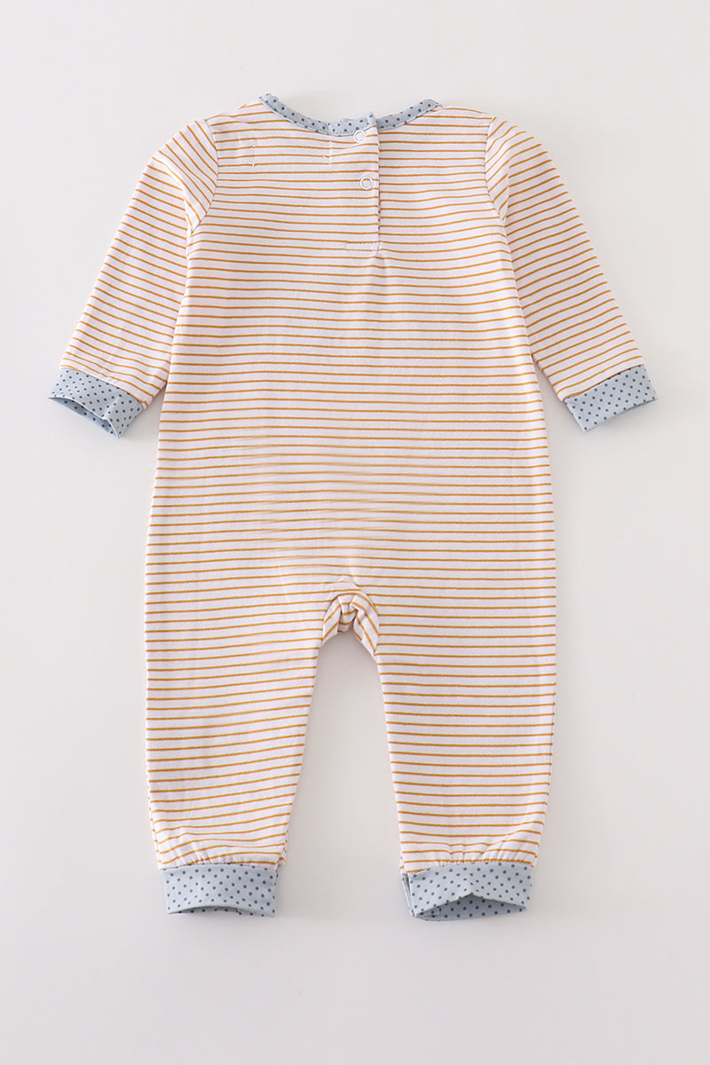 Premium Beige stripe truck pumpkin applique boy romper