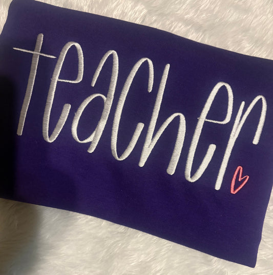 Purple embroidered Teacher Sweatshirt with a pink heart
