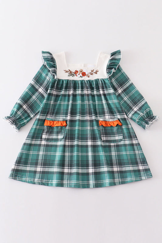 Green plaid floral applique pocket dress