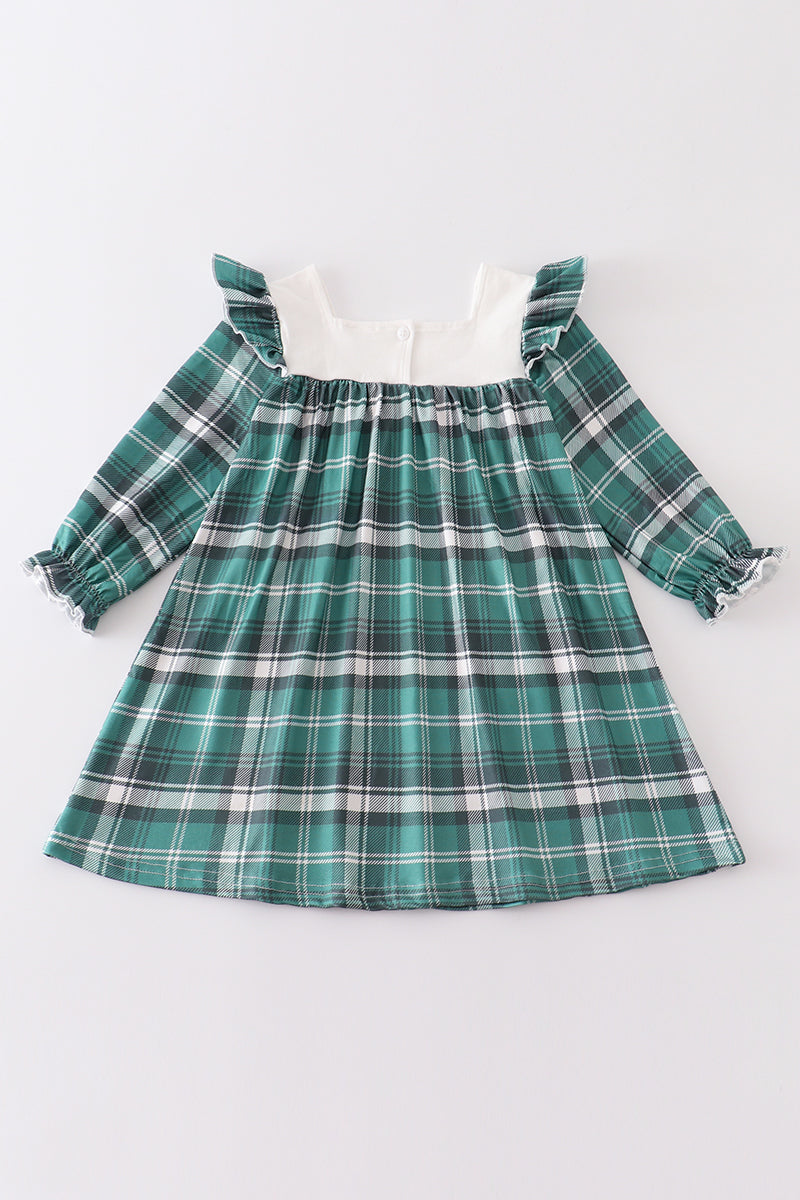 Green plaid floral applique pocket dress