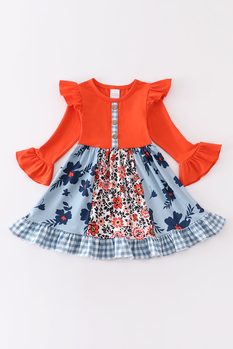 Orange floral print ruffle dress