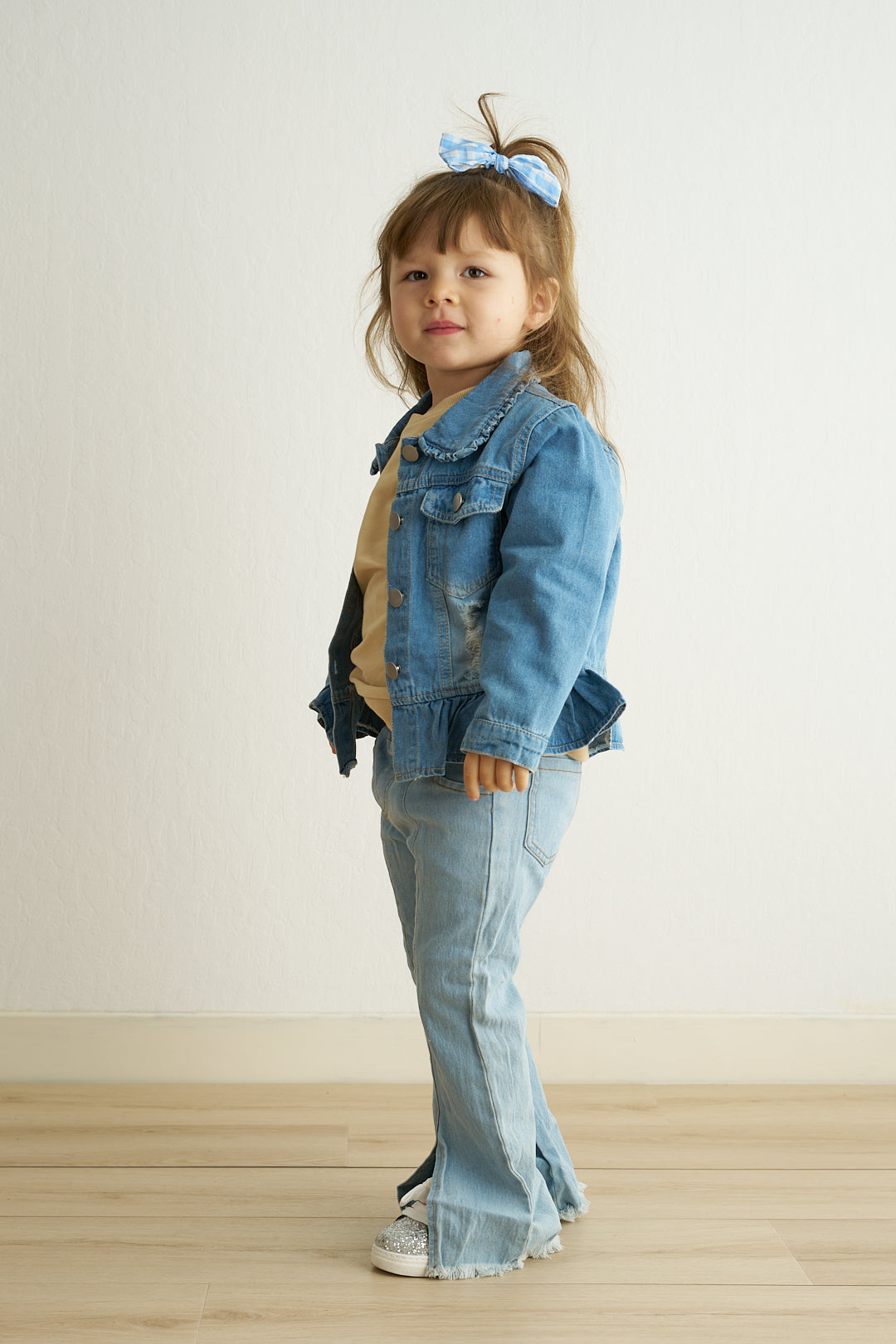 Light blue distressed ruffle girl denim jacket