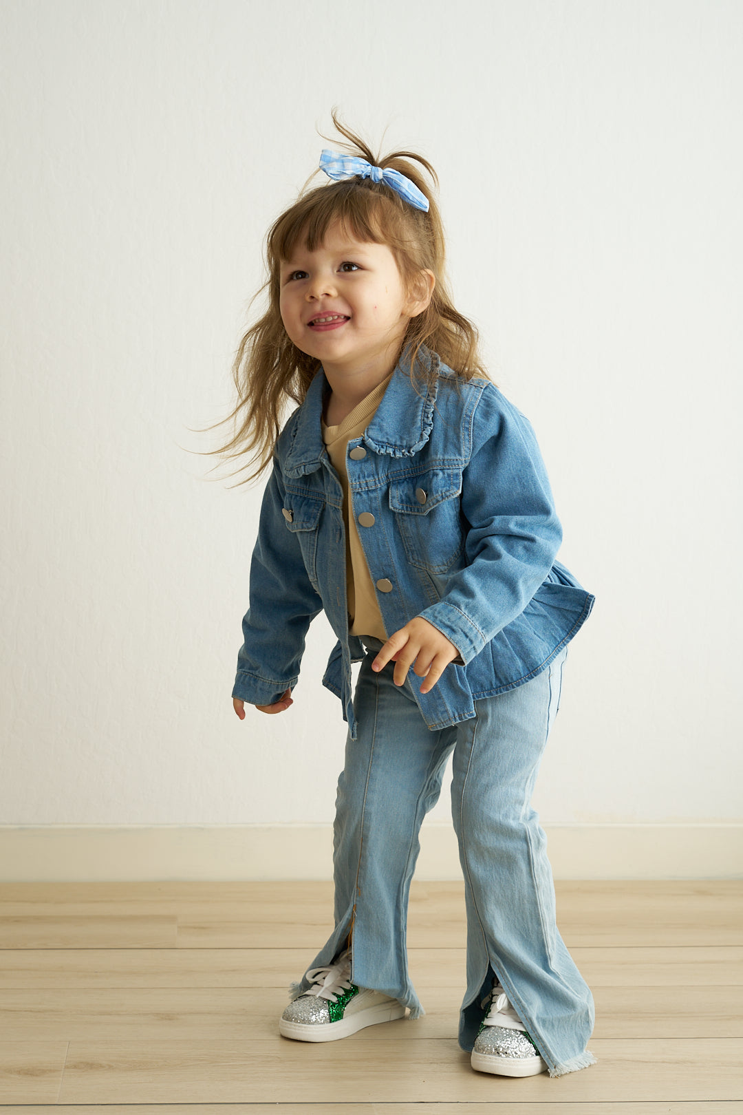 Light blue distressed ruffle girl denim jacket