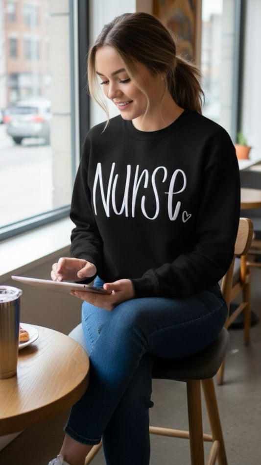 Black & White Nurse embroidered Adult Crew Neck Sweatshirt.