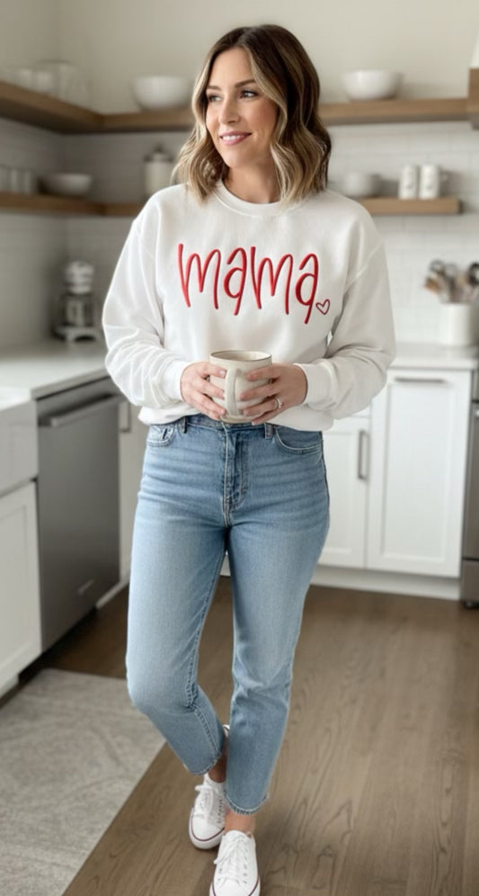 Black,Red & White Mama Embroidered Crew Neck Sweatshirts