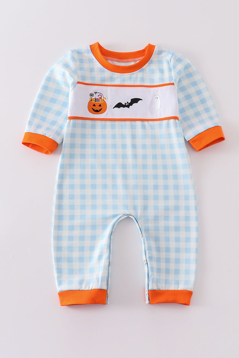 Blue plaid halloween embroidery boy romper