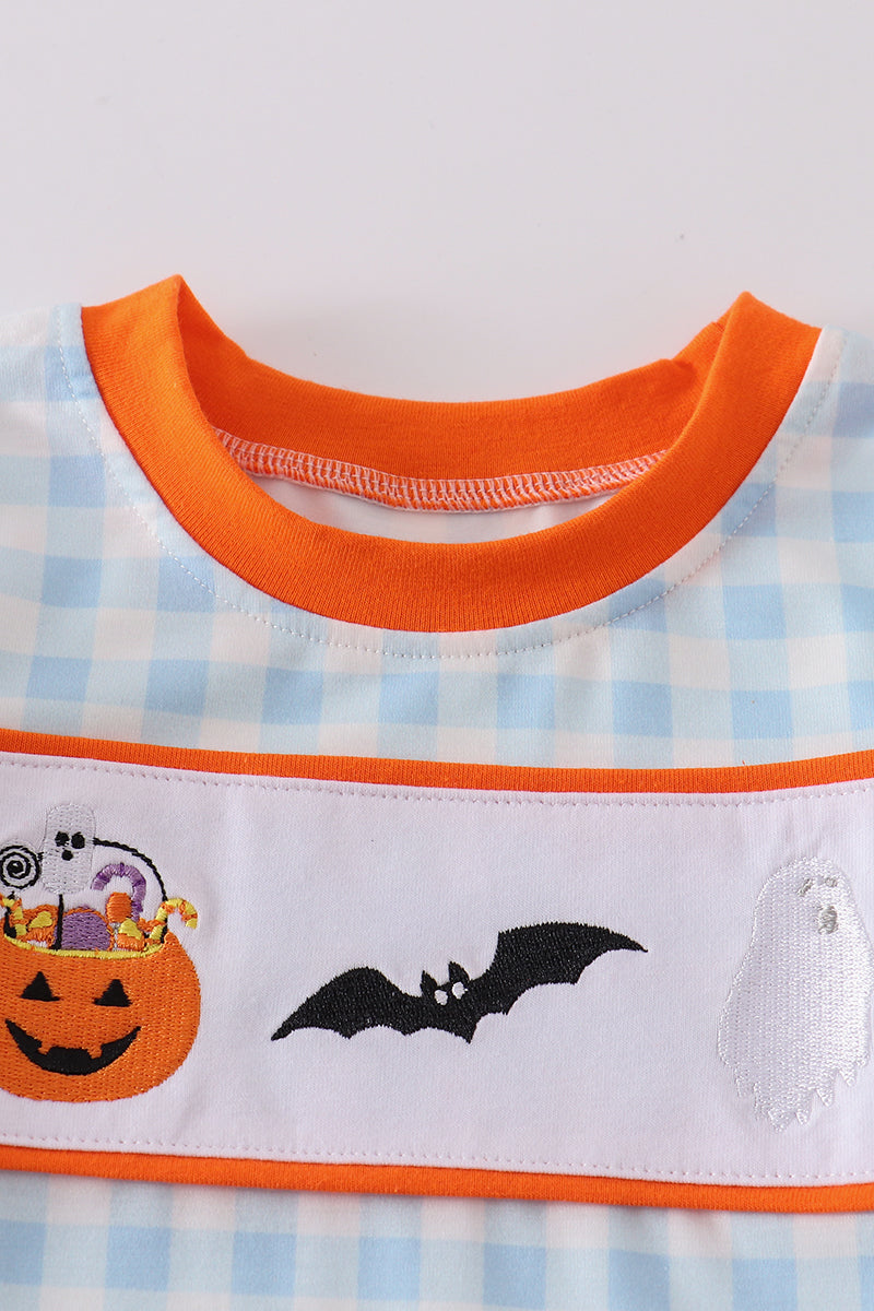 Blue plaid halloween embroidery boy romper