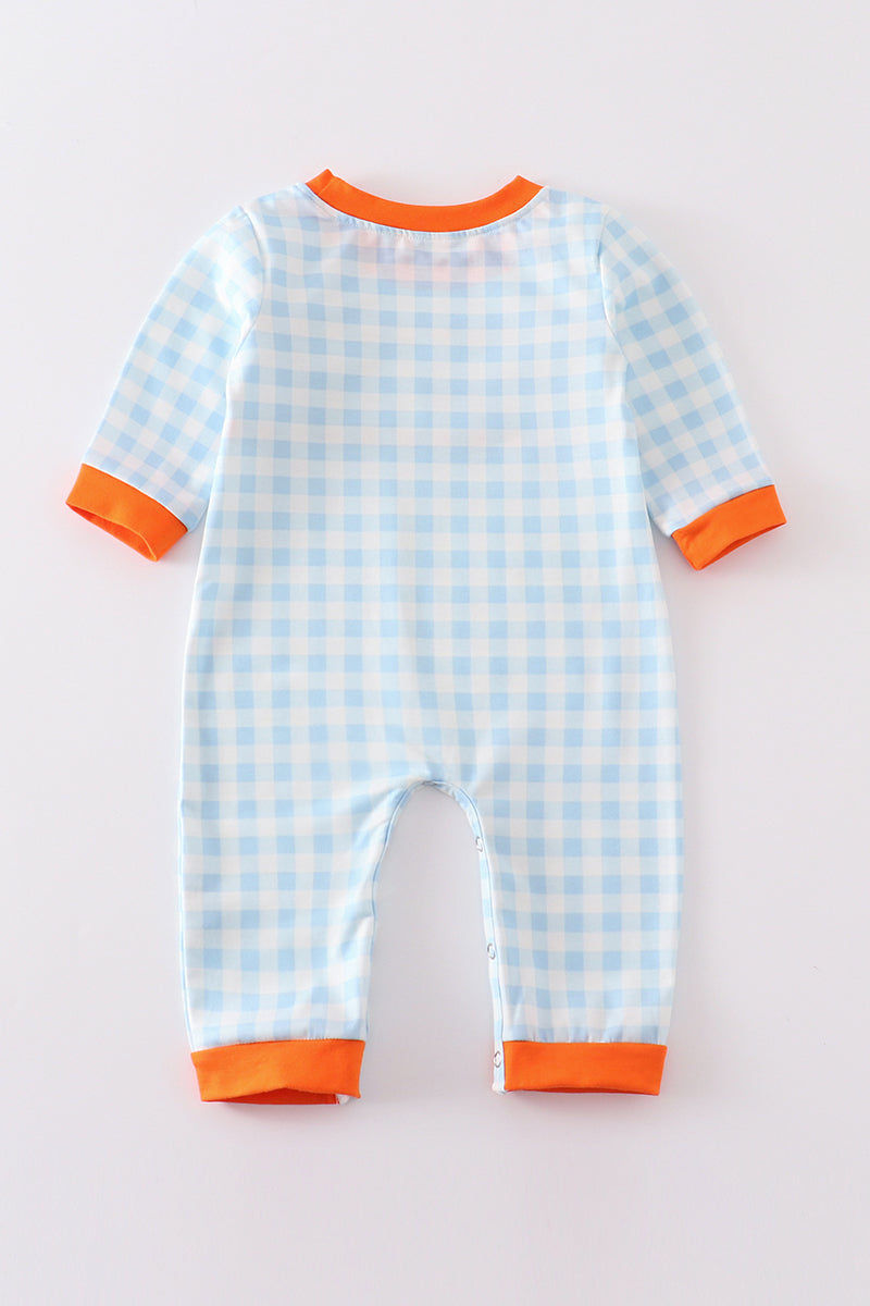 Blue plaid halloween embroidery boy romper