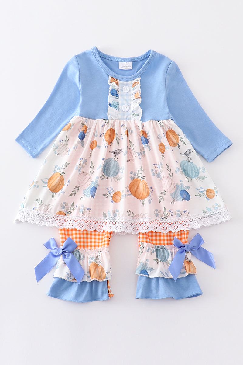 Blue pumpkin baby girl romper