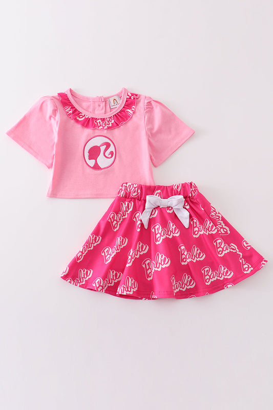 Pink barbie embroidery print girl set