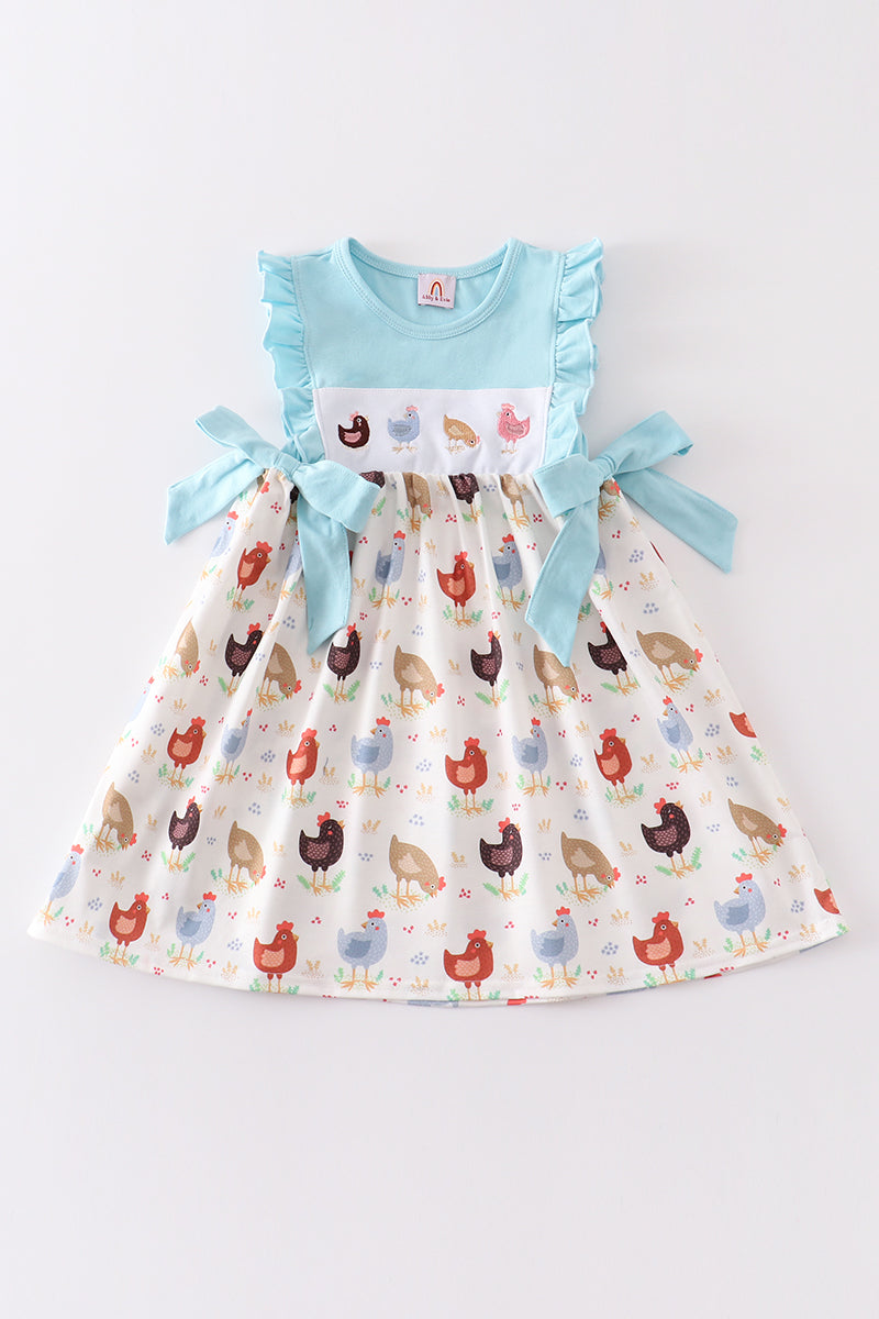 Blue chicken embroidery ruffle dress