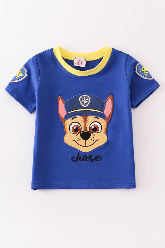 Blue character applique boy top