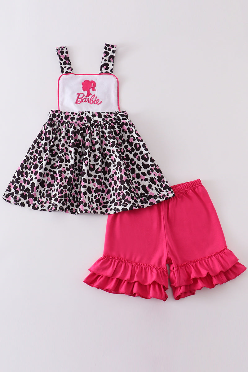 Leopard barbie applique ruffle girl set