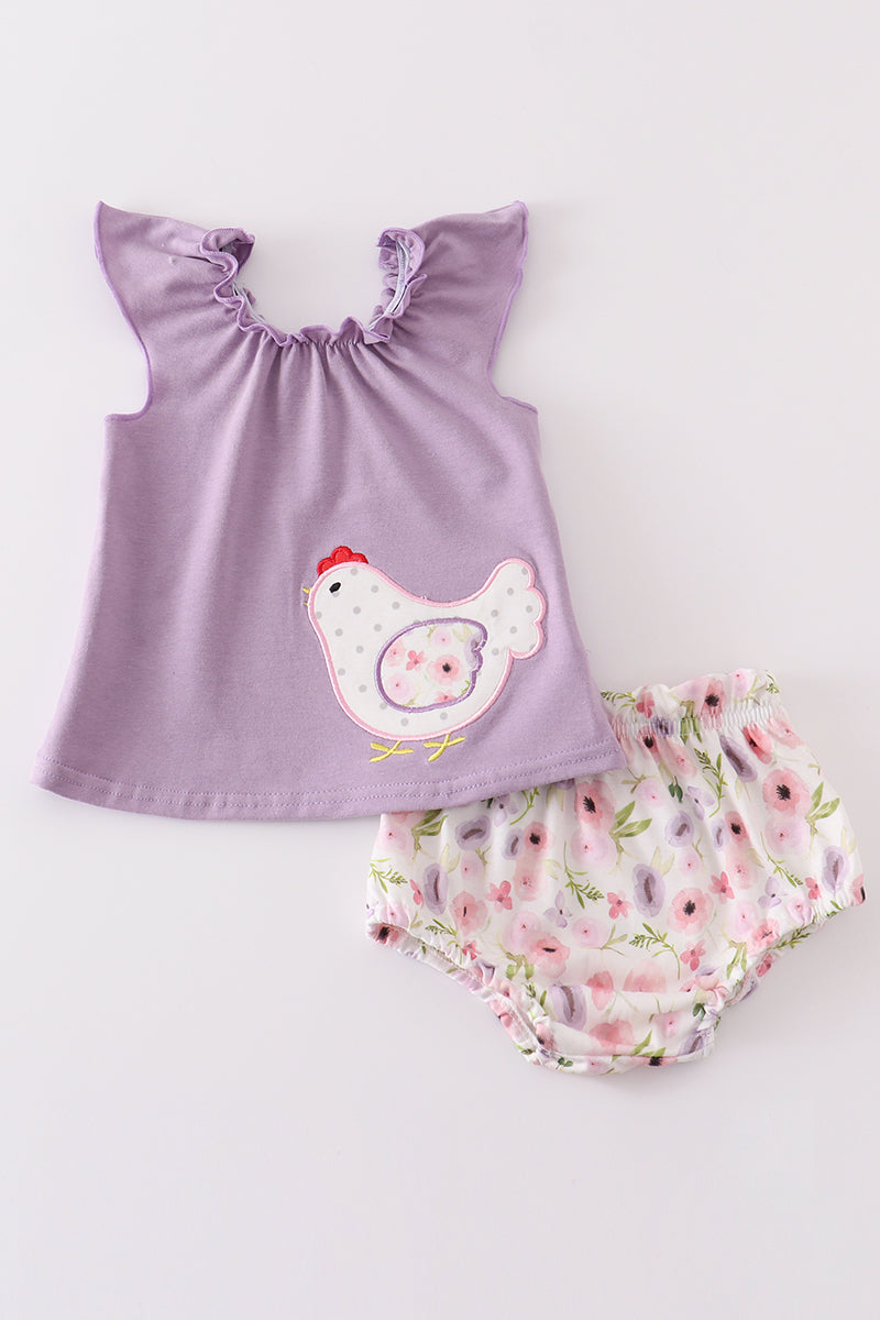 Purple floral print chicken applique baby set