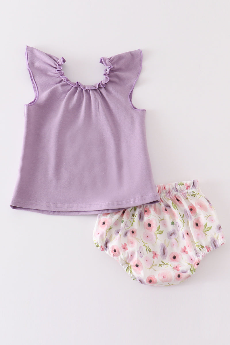 Purple floral print chicken applique baby set