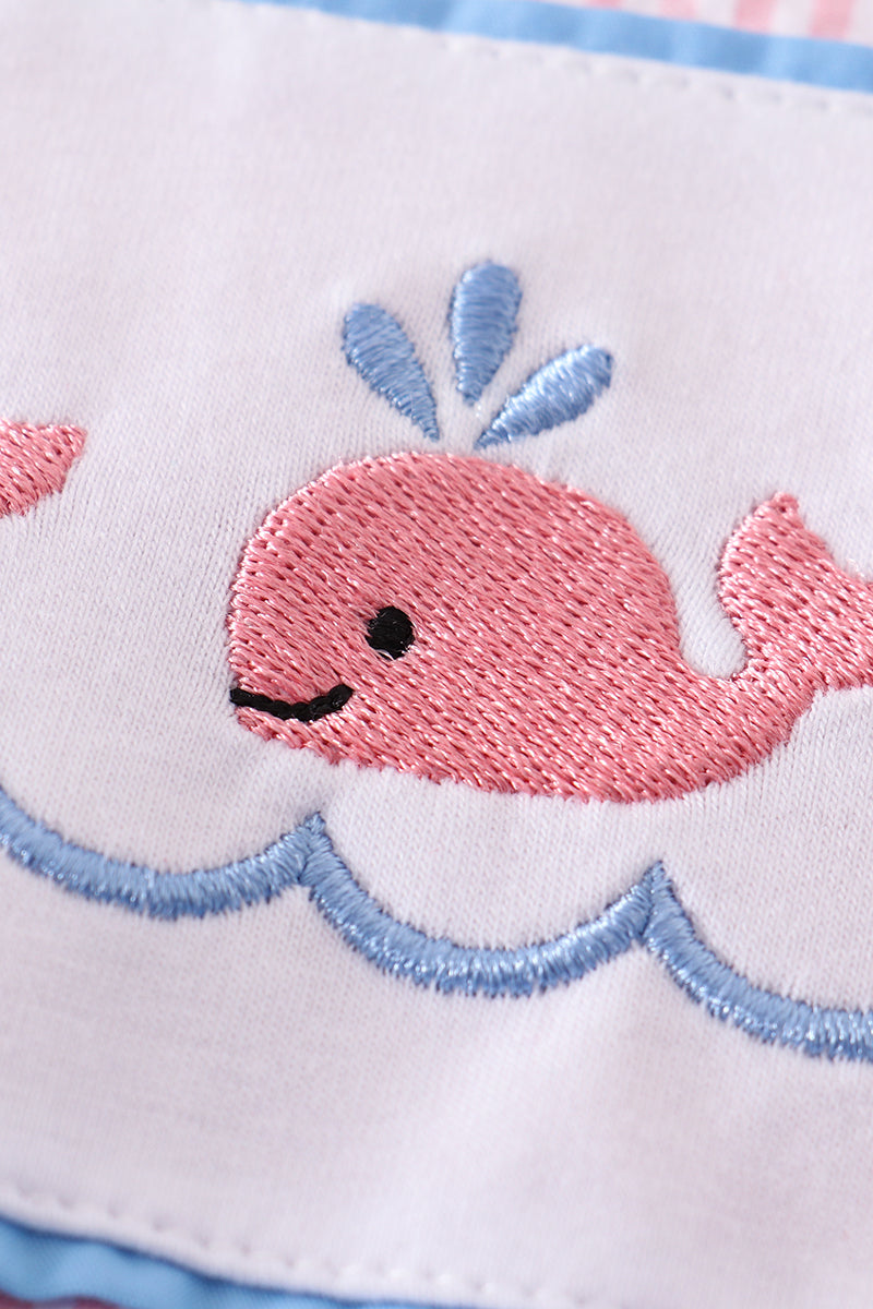 Pink seersucker whale embroidery one-piece swimsuit