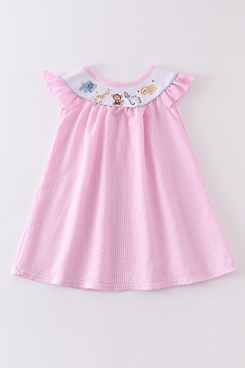 Pink seersucker animal embroidery dress