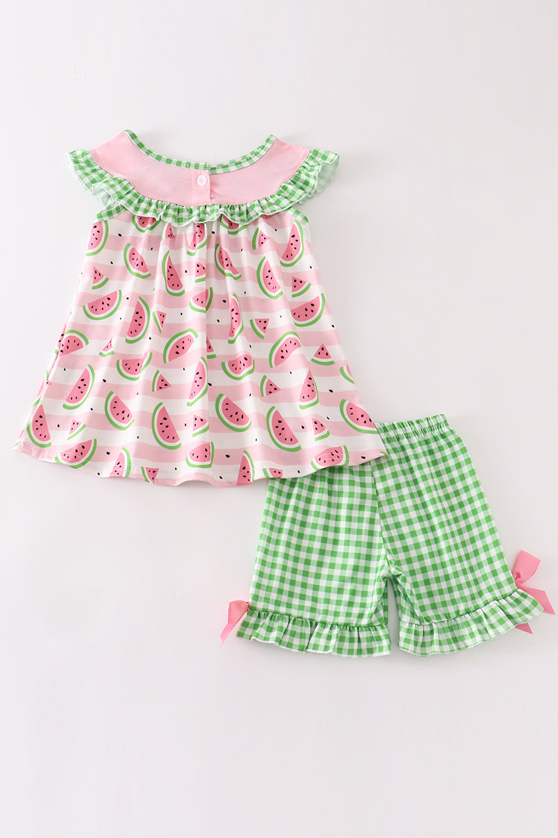 Watermelon embroidery girl shorts set