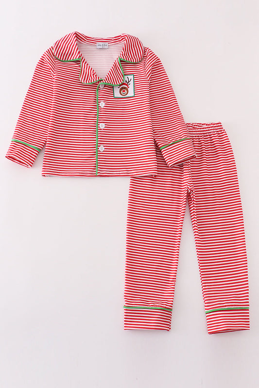 Red stripe christmas reindeer embroidery boy pajamas set