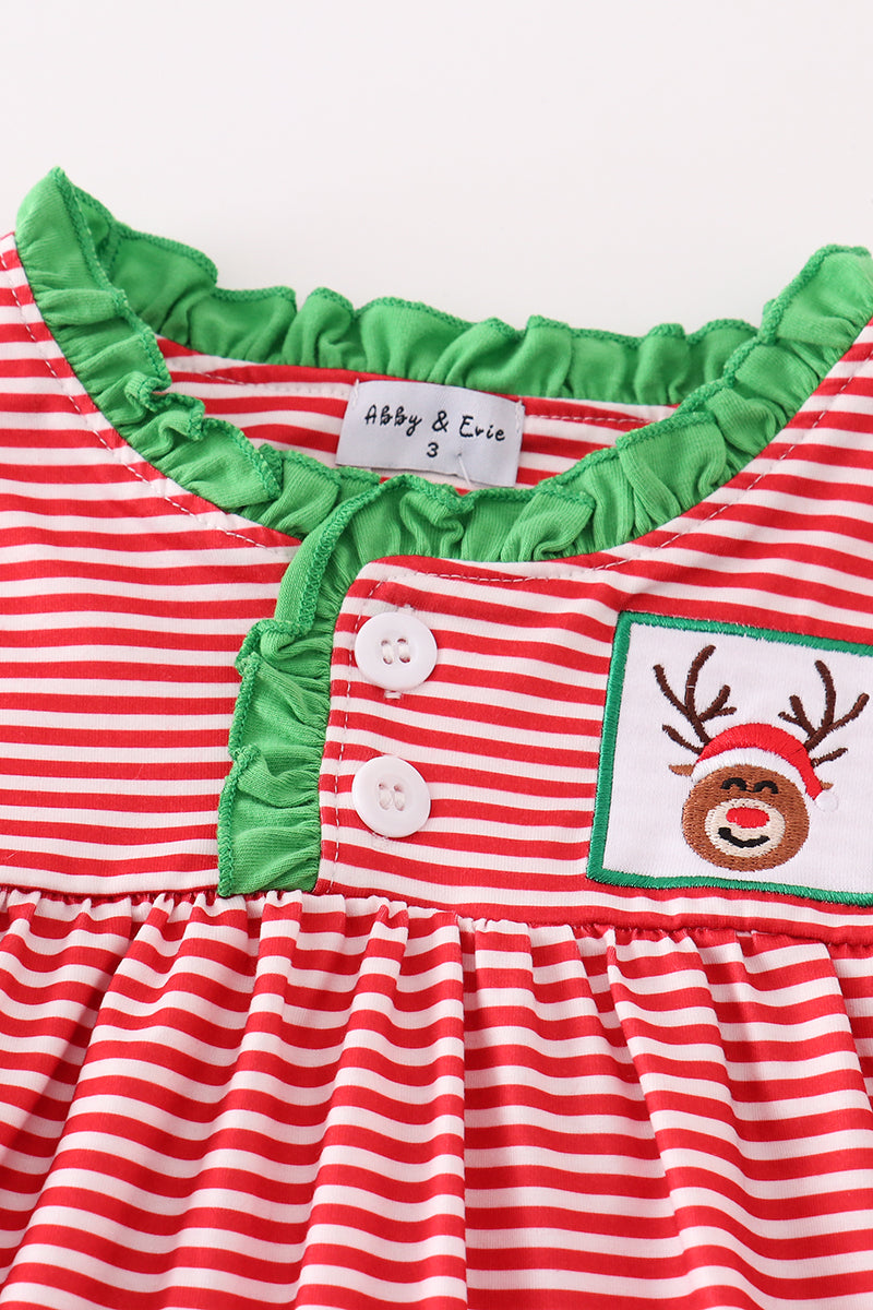 Red stripe christmas reindeer embroidery girl gown