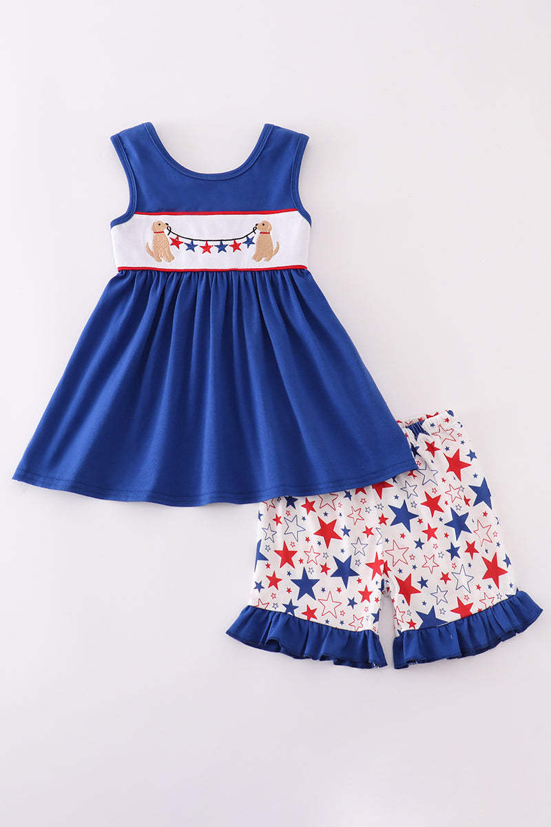 Blue puppy star embroidery ruffle shorts set