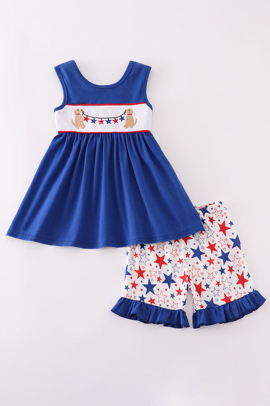 Blue puppy star embroidery ruffle shorts set