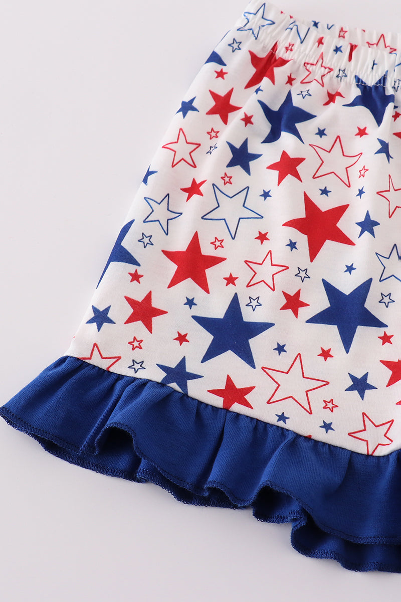 Blue puppy star embroidery ruffle shorts set