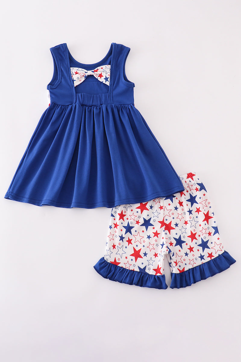 Blue puppy star embroidery ruffle shorts set