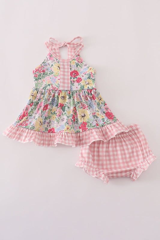 Pink floral bow ruffle bloomer set