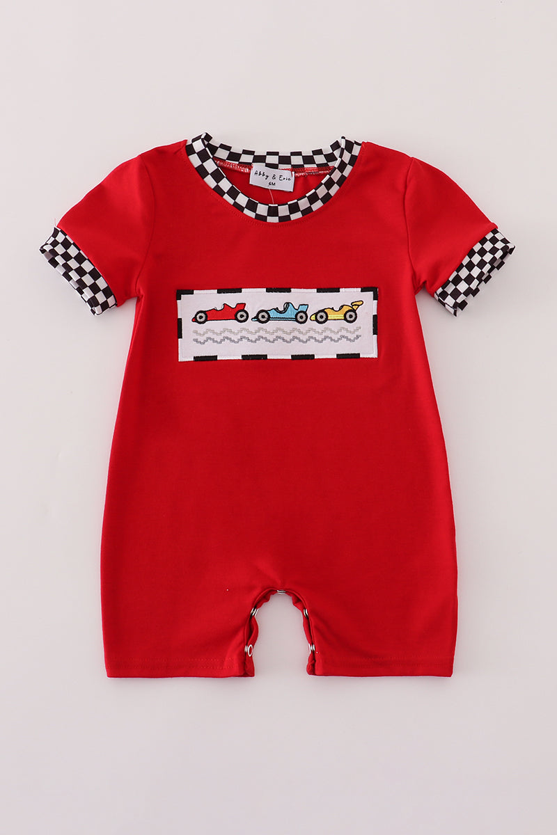 Red racing car embroidery checkered romper