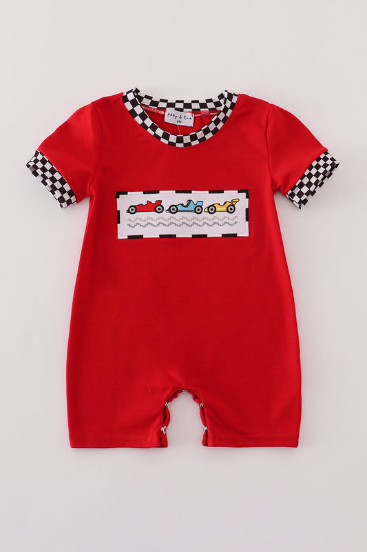 Red racing car embroidery checkered romper