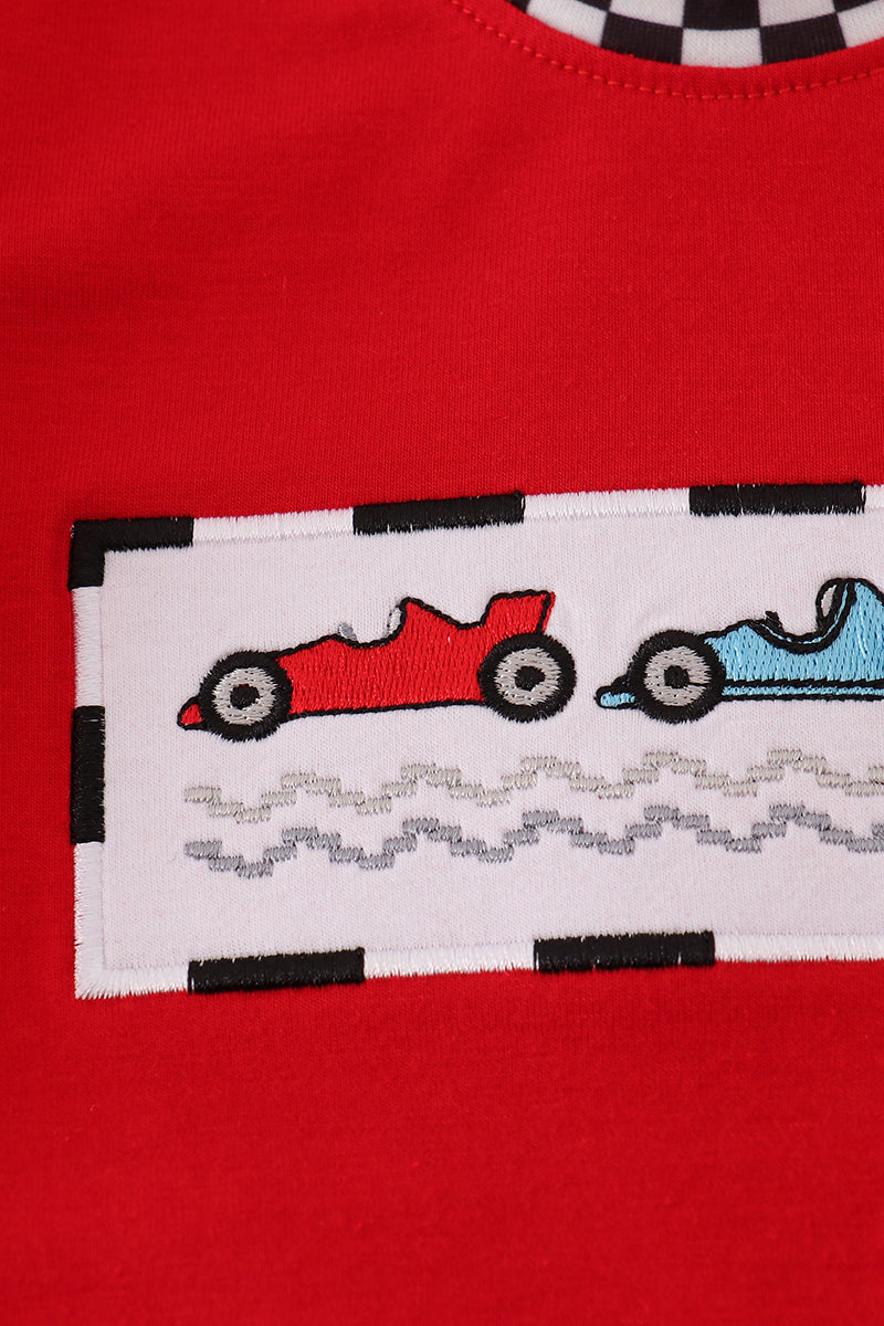 Red racing car embroidery checkered romper