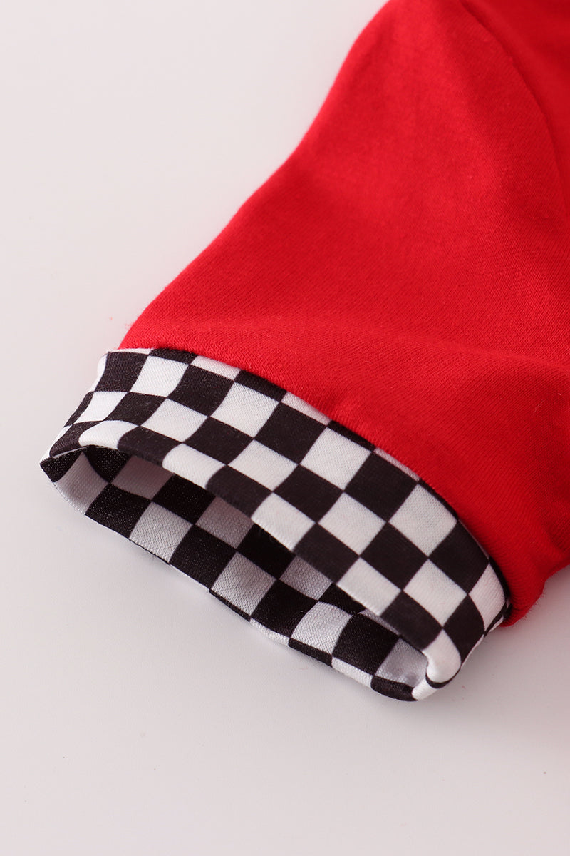 Red racing car embroidery checkered romper