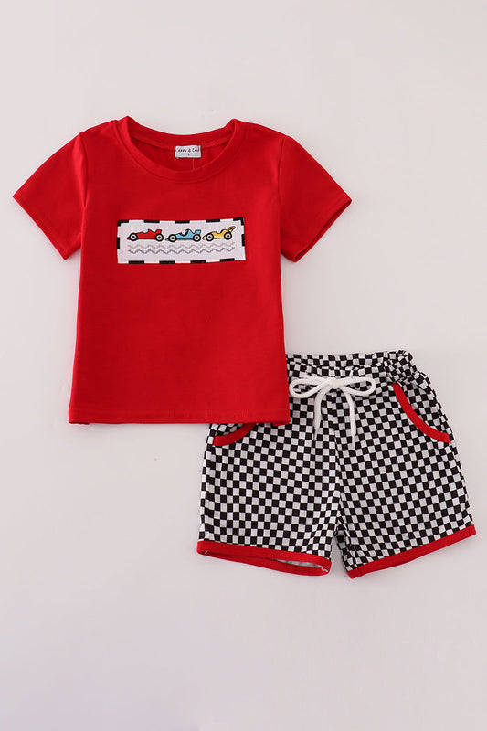 Red racing car embroidery checkered shorts set